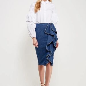 Lost Ink Side Ruffle Denim Pencil Skirt Large